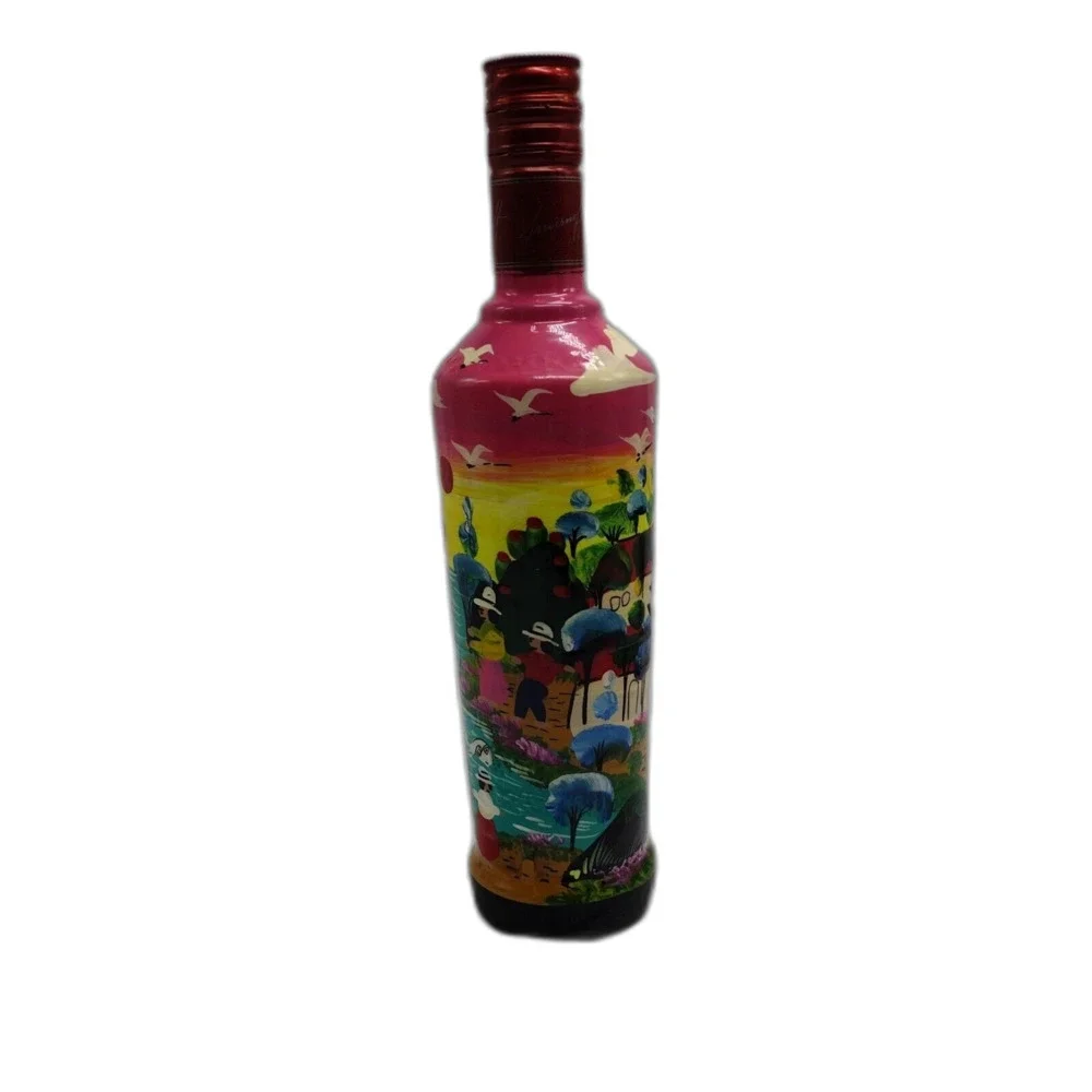 Hand painted Smirnoff Bottle Village Scene Mexican Folk Art Work Barware